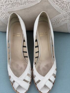 Stuart Weitzman White Leather Peep-Toe Wedge espadrille shoes Sandals narrow 7 N